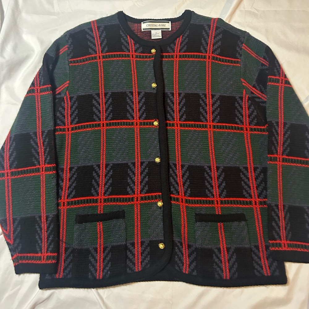 Vintage Crystal-Kobe  Sweater Women’s Cardigan Sz L Green Black Cottagecore 90s